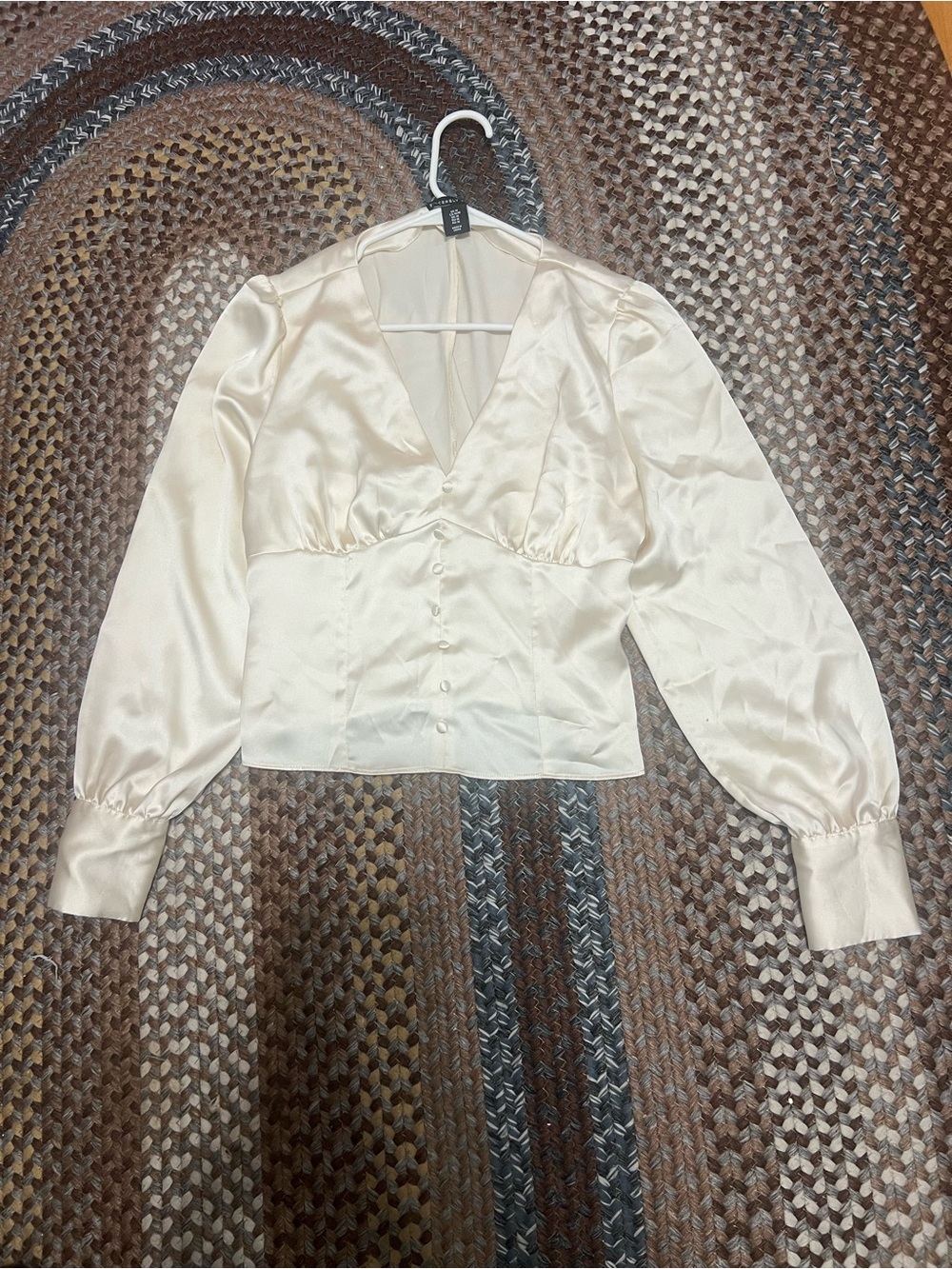 Sincerely Jules Ivory Satin V-Neck Buttoned Blouse